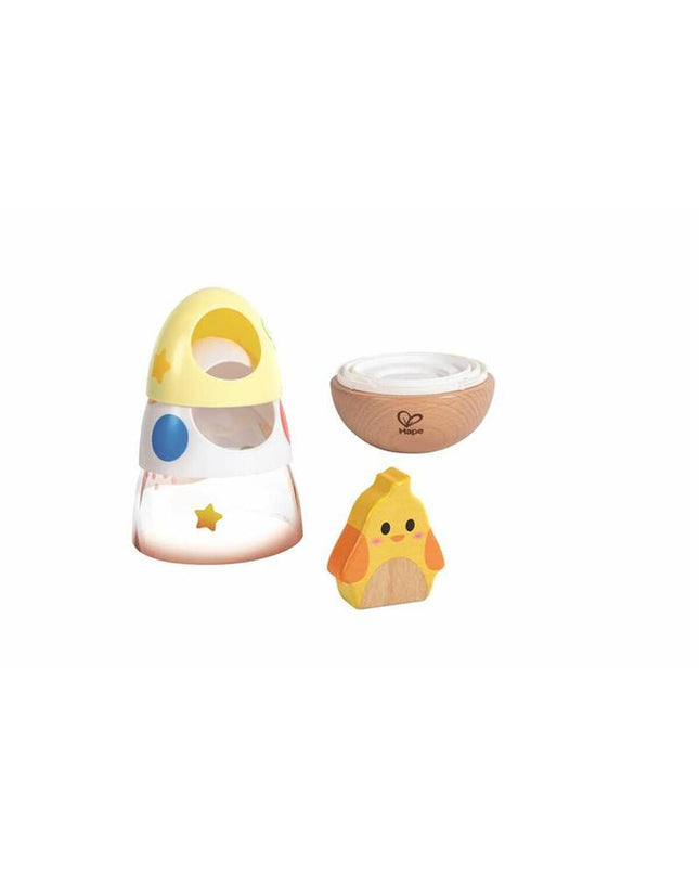 Hape baby toy with five colorful wooden pieces for young children, designed for early learning and play.