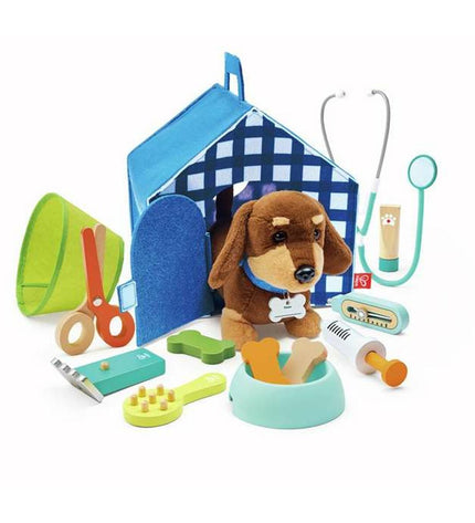 Colorful Hape plastic playset with various toy accessories for imaginative games and creative play.
