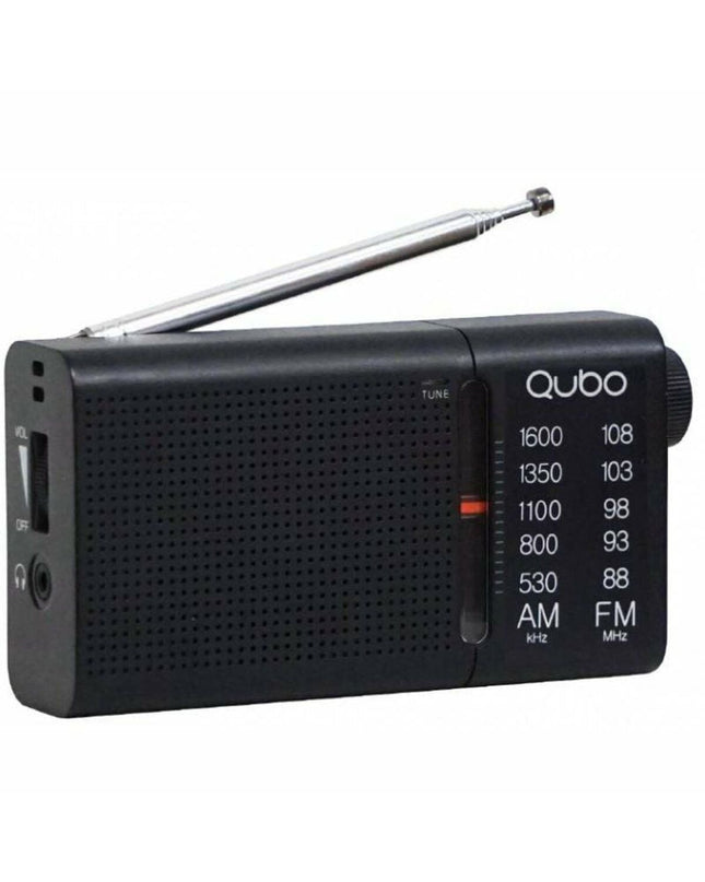 Qubo RS-2 transistor radio toy in bright colors, electronic toy with buttons and speaker, suitable for children’s play.