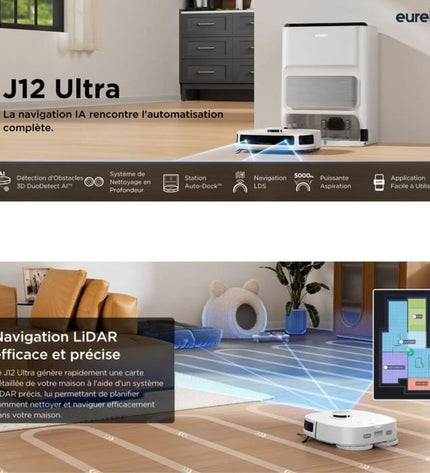 Eureka robot stofzuiger schoonmaakt een houten vloer in een modern woonruimte, met een slank ontwerp en ronde vorm.