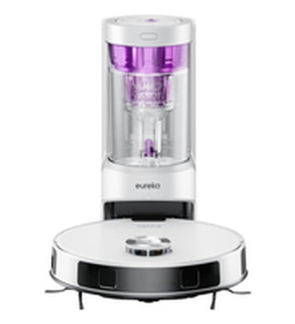 Eureka robot stofzuiger cleaning hardwood floor in modern living room, compact and sleek design for home cleaning.