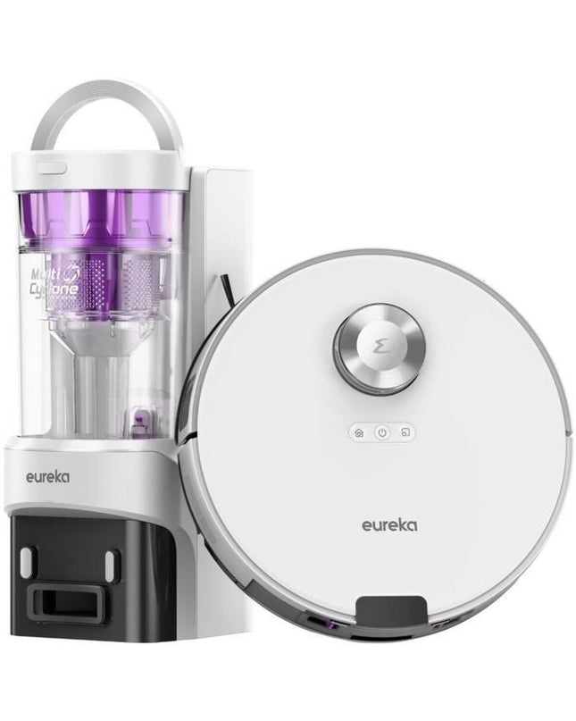 Eureka robot stofzuiger vacuum cleaner cleaning hardwood floor in modern home, compact and sleek design for efficient floor maintenance.