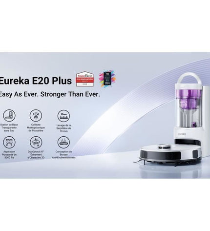 Eureka robot stofzuiger in actie op vloer, sleek design, compact cleaning device for home floor and window maintenance.