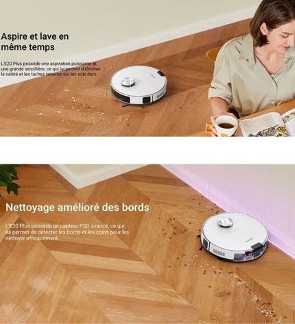 Eureka robot stofzuiger cleaning hardwood floor in modern living room, compact design for home cleaning and maintenance