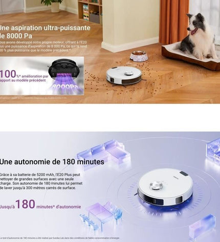 Eureka robot stofzuiger in action on a hardwood floor, cleaning with its circular shape and sleek design.