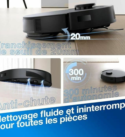 ECOVACS Deebot N20 Pro PLUS robot stofzuiger cleaning on hardwood floor with dustbin and sensors visible.