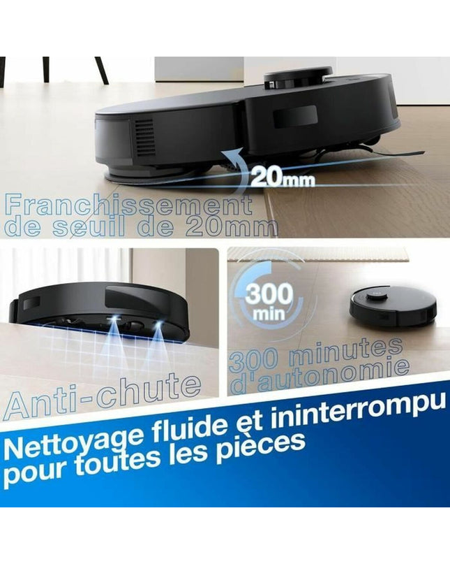 ECOVACS Deebot N20 Pro PLUS robot stofzuiger cleaning on hardwood floor with dustbin and sensors visible.