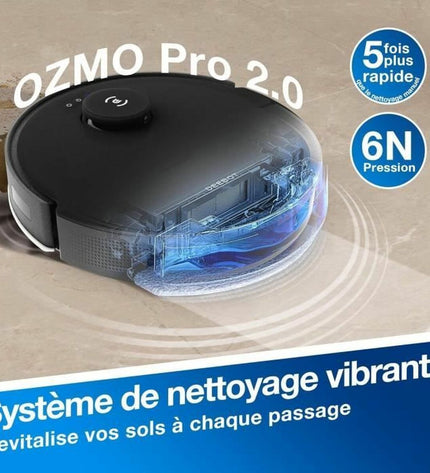 ECOVACS Deebot N20 Pro PLUS robot stofzuiger cleaning on hardwood floor, showing sleek design and sensor features.
