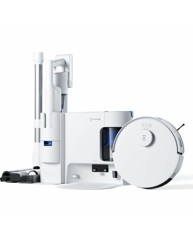 ECOVACS robot stofzuiger schoonmaakt vloer, met ronde vorm en sensor, geschikt voor huis, koken, en vloeronderhoud.
