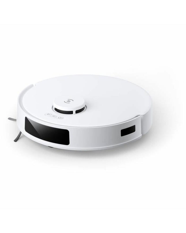 ECOVACS robot stofzuiger op vloer, klaar voor schoonmaak, met slanke ontwerp en moderne uitstraling in huis.
