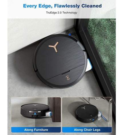 ECOVACS X9 PRO OMNI robot stofzuiger cleaning device on a hardwood floor with dust and debris.