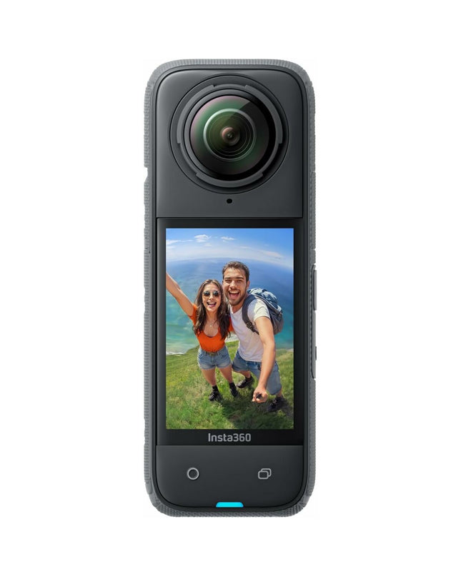 Insta360 X4 sport camera in black, 2.5-inch screen, designed for outdoor and action photography and videography.