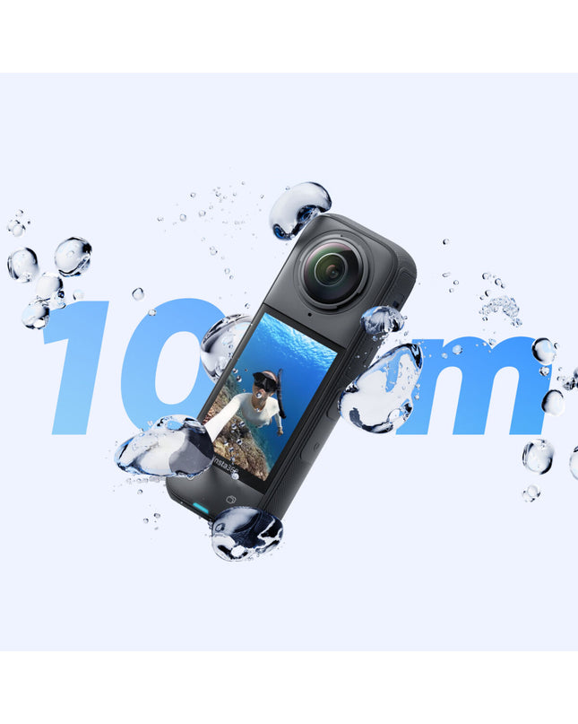 Insta360 X4 sport camera in black, 2.5-inch screen, designed for outdoor and action photography and videography.
