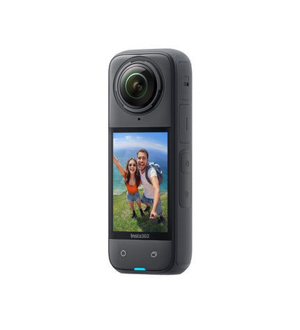 Insta360 X4 sport camera in black with 2.5-inch screen, designed for outdoor and action filming, electronic device.