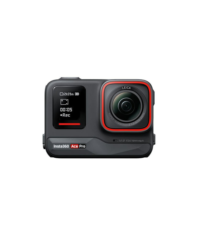 Insta360 sport camera with waterproof case, mounted on helmet for outdoor action filming, compact electronic photography device