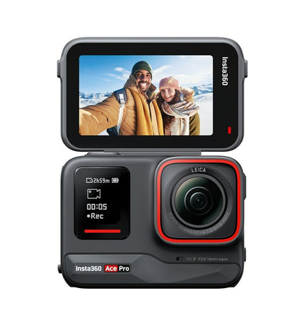 Insta360 sport camera with compact design, black body, lens, and buttons for capturing 360-degree photos and videos.
