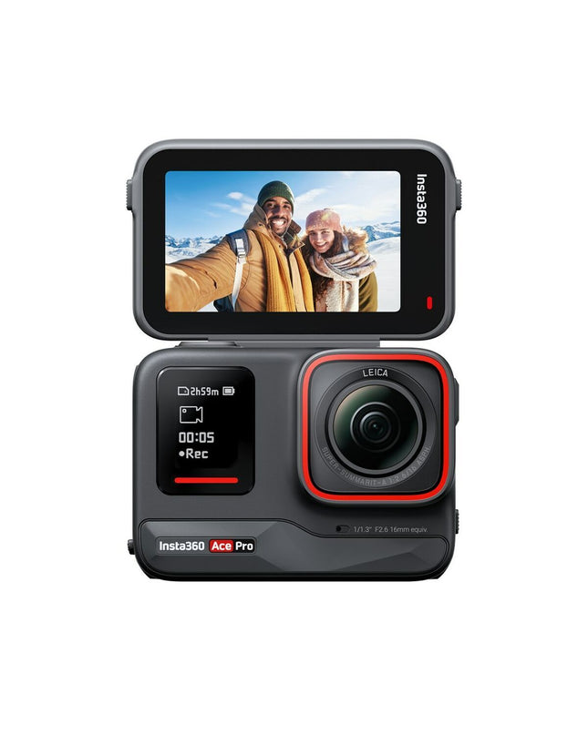 Insta360 sport camera with compact design, black body, lens, and buttons for capturing 360-degree photos and videos.