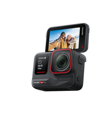 Insta360 sport camera with compact design, showing lens and controls for capturing high-quality photos and videos in action.