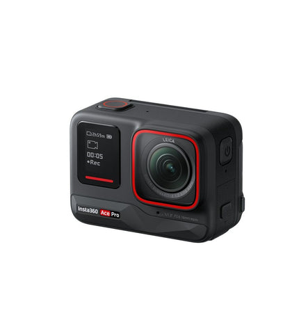 Insta360 sport camera with compact design, showcasing lenses and controls for high-quality photography and videography.