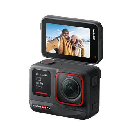 Insta360 sport camera with compact design, showcasing lens and controls for high-quality photography and videography.