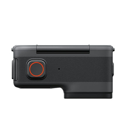 Insta360 sport camera with waterproof housing, compact design, and multiple lens setup for 360-degree action videos and photos.