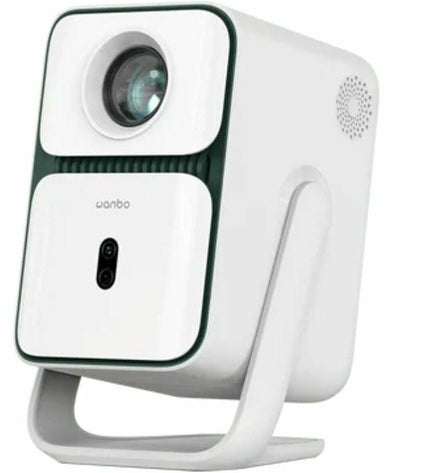 Wanbo Full HD projector displaying a vibrant movie scene, ideal for home theater and electronic entertainment setup.