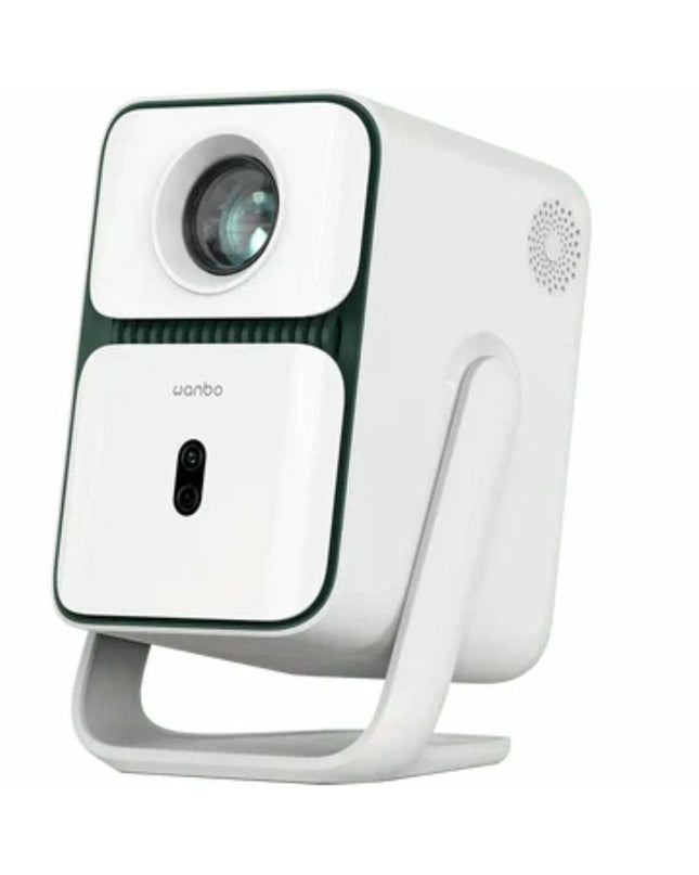 Wanbo Full HD projector displaying a vibrant movie scene, ideal for home theater and electronic entertainment setup.