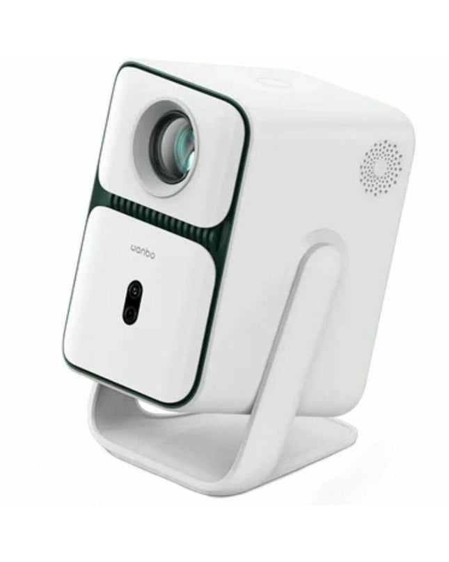Wanbo Full HD projector in black, showing a clear image on a wall, suitable for home cinema and TV entertainment.