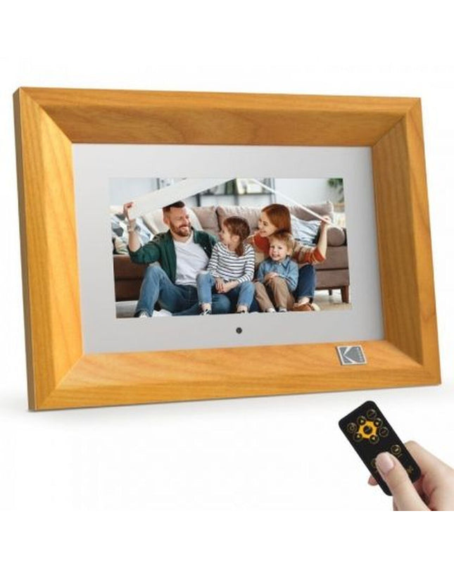 Kodak RDPF700BU 7-inch digital photo frame displaying a family picture with a sleek black frame and digital interface.