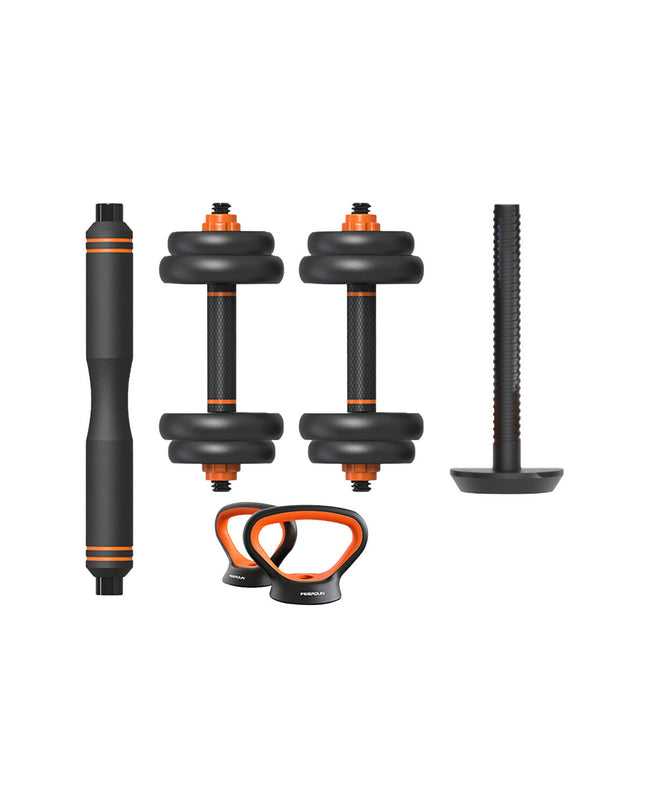 Xiaomi 10 kg kettlebell and dumbbell set for fitness and outdoor exercise, with black and yellow handles and weight markings.