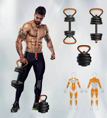 Xiaomi ORMANC20 kettlebell and dumbbell set for fitness and outdoor workouts, featuring black and silver weights on a gym floor.
