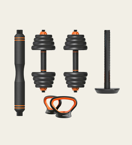 Xiaomi 30kg kettlebell and dumbbell set for fitness, with black handles and weight plates for strength training.