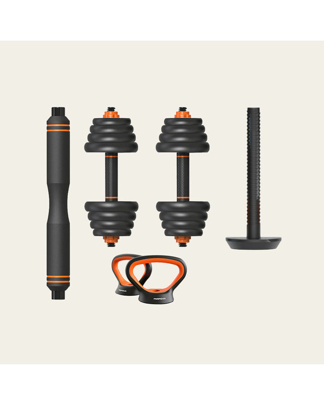 Xiaomi 30kg kettlebell and dumbbell set for fitness, with black handles and weight plates for strength training.