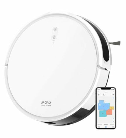 Dreame Mova M1 robot vacuum cleaner on a floor, showcasing its compact design and brand logo for home cleaning.