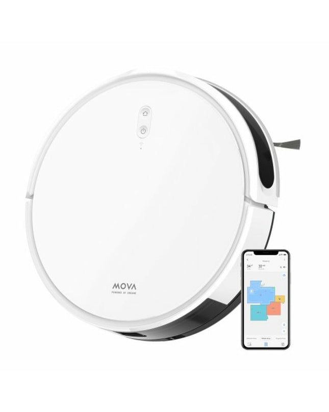 Dreame Mova M1 robot vacuum cleaner on a floor, showcasing its compact design and brand logo for home cleaning.