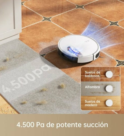 Dreame Mova M1 robot stofzuiger with 2600mAh battery cleaning hardwood floor, showing sleek design and sensors.