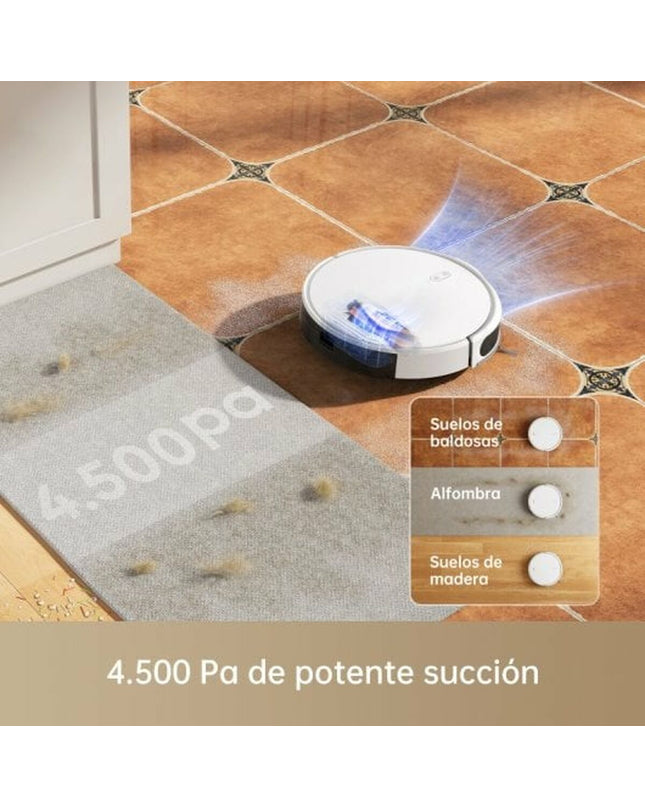 Dreame Mova M1 robot stofzuiger with 2600mAh battery cleaning hardwood floor, showing sleek design and sensors.