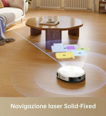 Dreame Mova M1 robot vacuum cleaner with 2600mAh battery, navigating hardwood floor for cleaning and maintenance.