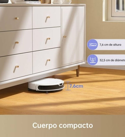 Dreame Mova M1 robot vacuum cleaner on a hardwood floor, compact design, with 2600 mAh battery for home cleaning tasks