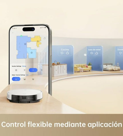 Dreame Mova M1 robot stofzuiger cleaning floor, with compact design and 2600 mAh battery for home cleaning.