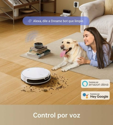 Dreame Mova M1 robot stofzuiger with 2600mAh battery cleaning a hardwood floor, compact and modern design for home cleaning.