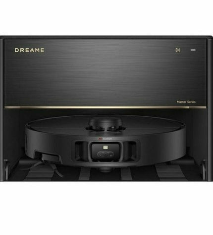 Dreame X40 Master robot vacuum cleaner with 6400 mAh battery, showcasing its sleek design and cleaning brushes in a home setting