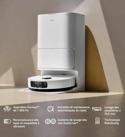 MOVA E30ULTRA robotstofzuiger en dweilrobot in wit met 7000 Pa zuigkracht, 4L reservoir, 3 uur autonomie, voor huis schoonmaak