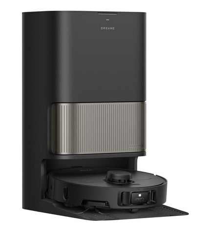 Dreame robot stofzuiger in actie, reinigt vloeren in huis, sleek design with sensors visible on top