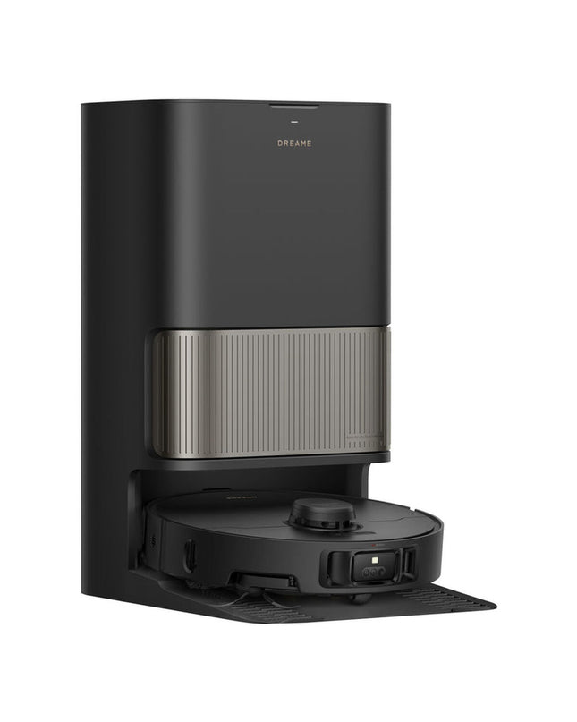 Dreame robot stofzuiger in actie, reinigt vloeren in huis, sleek design with sensors visible on top