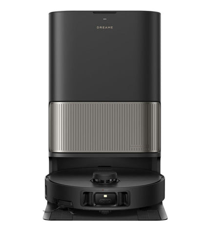 Dreame Robot stofzuiger in zwart, compact design for home cleaning, equipped with sensors for efficient floor and surface cleaning.