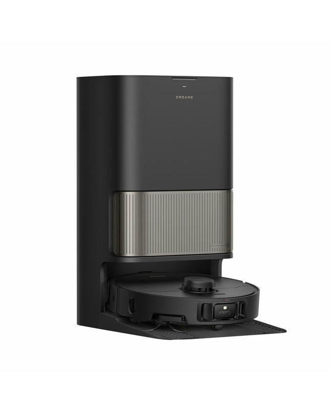 Dreame robot stofzuiger on hard floor, featuring sleek design and sensors for automated cleaning in home and kitchen.