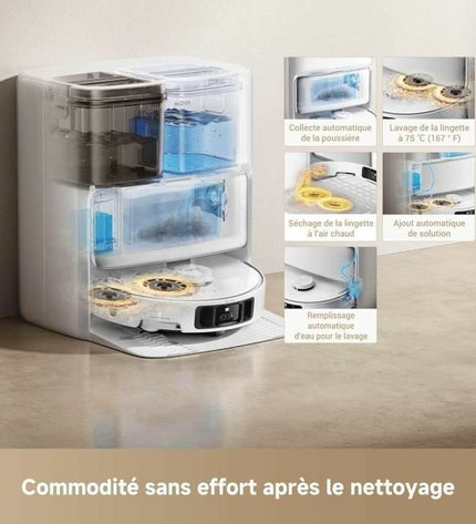 Dreame robot stofzuiger in action on a hardwood floor, showcasing sleek design and advanced cleaning features.