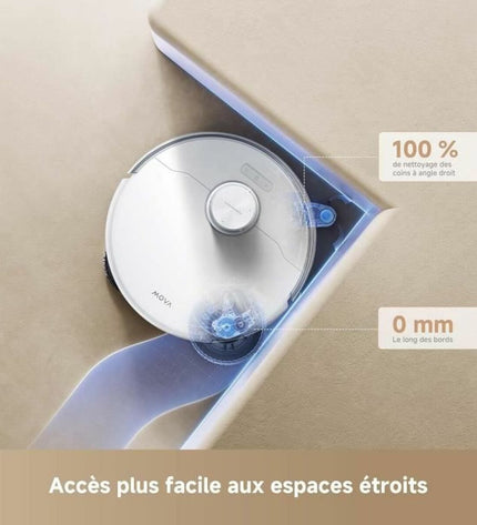 Dreame robot stofzuiger on hardwood floor, showcasing sleek design and cleaning brush in a modern home setting.