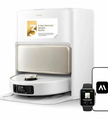 Dreame robot stofzuiger with 6400 mAh battery, cleaning floors and surfaces in a modern home setting.